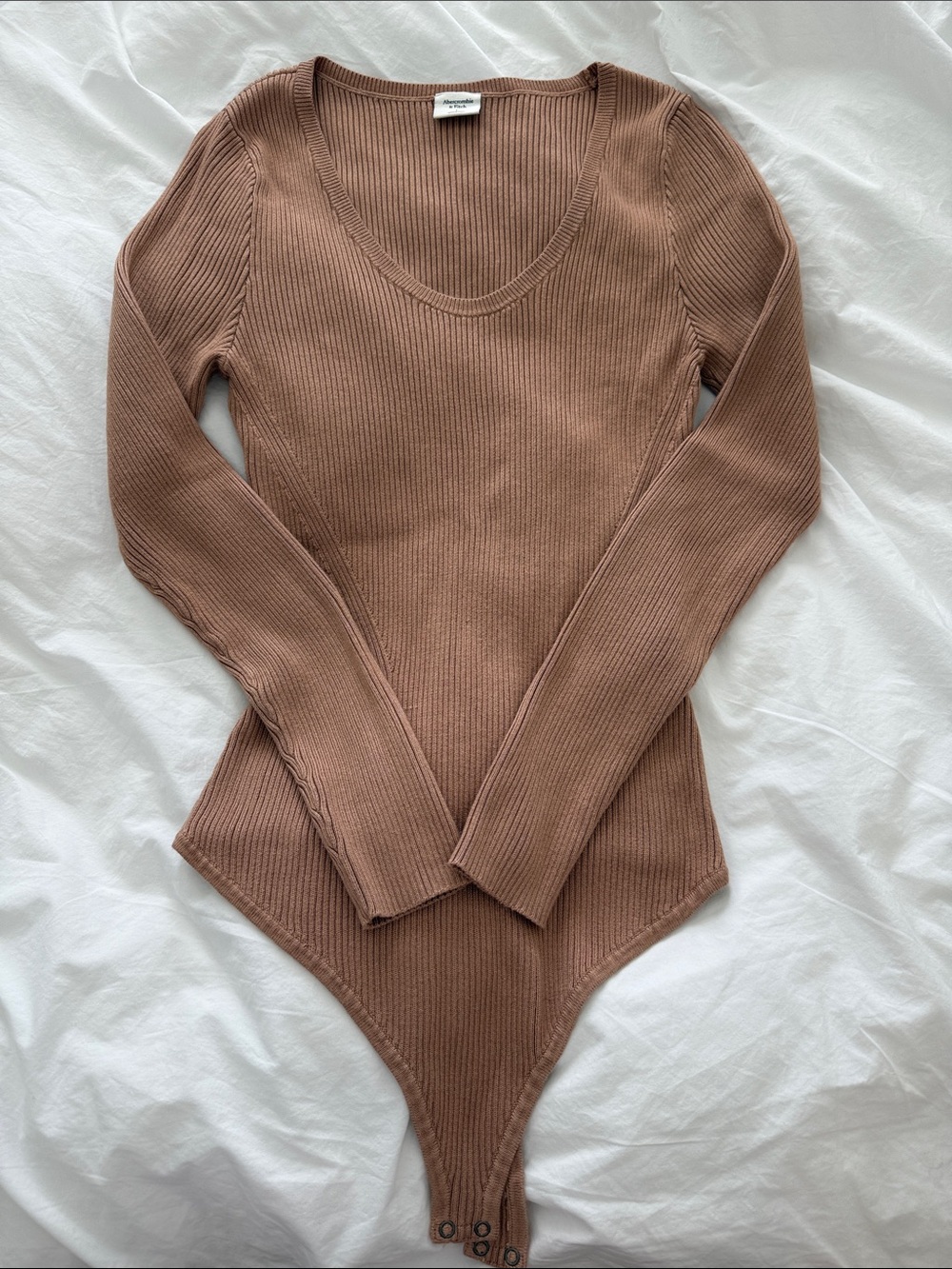 Abercrombie & Fitch Ribbed Long-Sleeve Thong Bodysuit in Brown